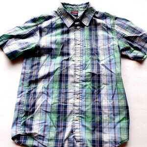 Wrangler Boys Shirt Button Down Short Sleeve Blue Green Plaid Large 10-12